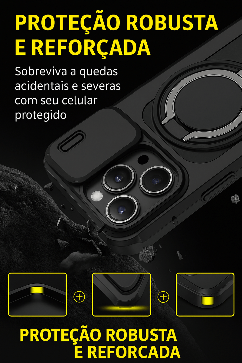 Case Blindada com Suporte Giratório 360º e Tampa de Proteção da Câmera - Iphone 11 ao 16 Pro Max