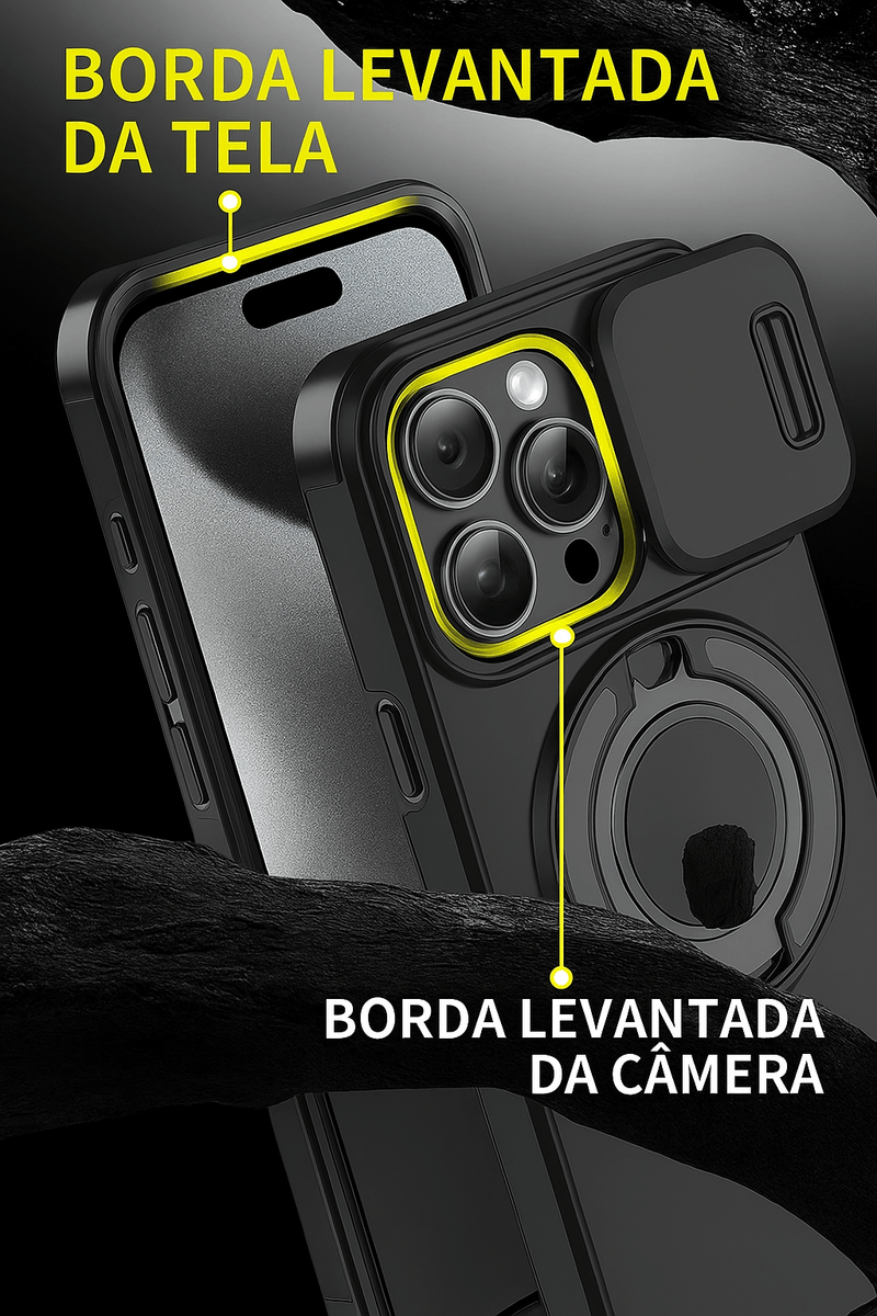 Case Blindada com Suporte Giratório 360º e Tampa de Proteção da Câmera - Iphone 11 ao 16 Pro Max