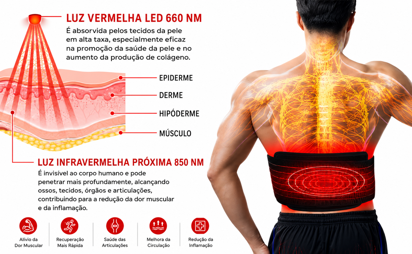 Cinta Healthcare Belt Fototerapia LED Vermelho + Infravermelho Alívio Muscular USB