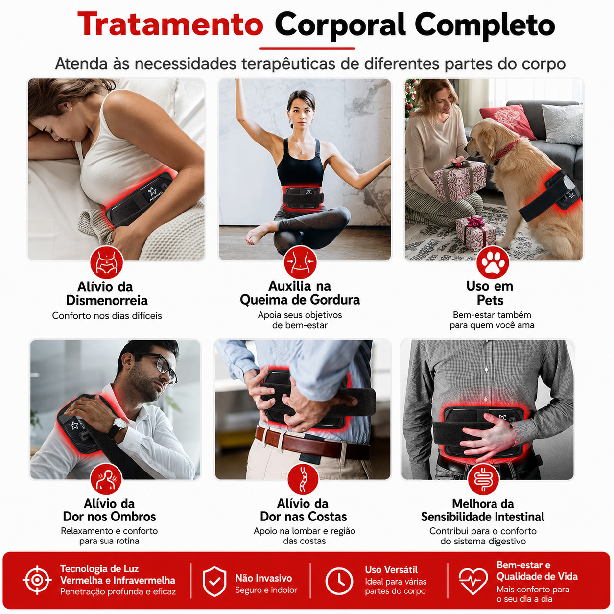 Cinta Healthcare Belt Fototerapia LED Vermelho + Infravermelho Alívio Muscular USB