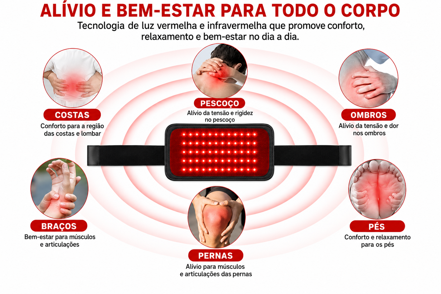 Cinta Healthcare Belt Fototerapia LED Vermelho + Infravermelho Alívio Muscular USB