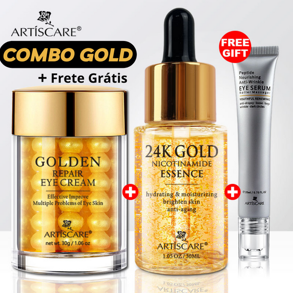 Combo ARTISCARE Gold - Sérum Essência 24K + Creme para os Olhos + Rolo Massageador Anti Rugas (BRINDE)