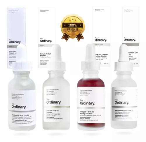 Kit  Sérum The Ordinary : Niacinamide 10% + Zinc 1%, AHA 30% + BHA 2%, Salicílico 2%, Ácido Hialurônico 2% + B5 | Pague 3 Leve 4