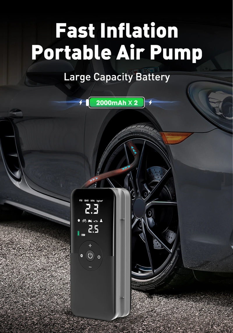 Compressor Carsun Air Pump Digital Portátil | Multifuncional: Calibrador de Pneus, Lanterna, Carrega Celular