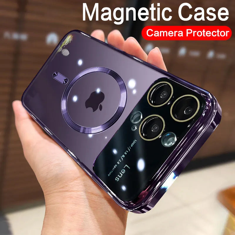 Case Luxo Magnética Com Proteção de Lentes Para iPhone: X ao 15 Pro Max | Transparente