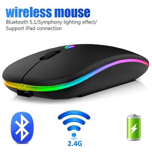 Mouse Sem Fio RGB Bluetooth USB Recarregável Silencioso | Led 2.4ghz DPI 1600