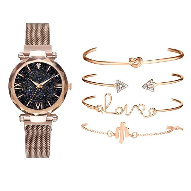 Relógio de Luxo Feminino com Braceletes - 5 Peças - Picuí Magazine