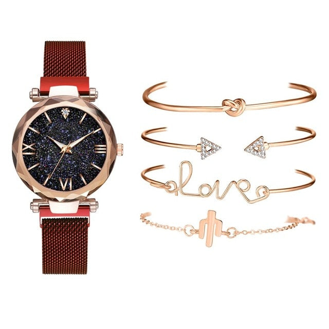 Relógio de Luxo Feminino com Braceletes - 5 Peças - Picuí Magazine